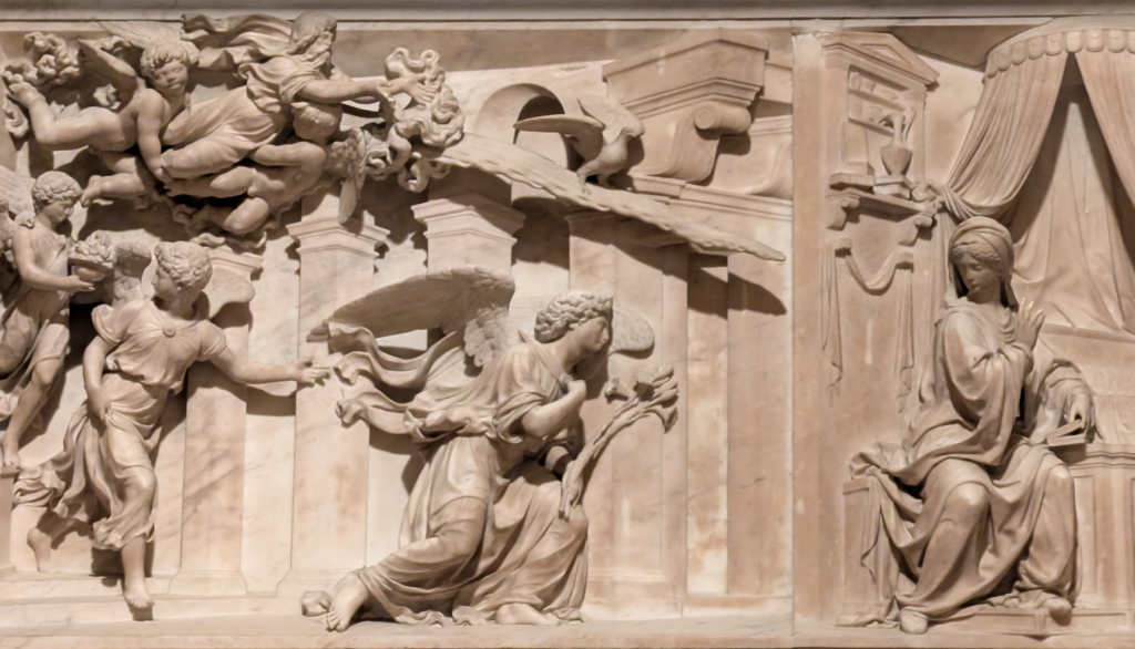 Detail of Renaissance marble reliefs on Bramante's screen around the Santa Casa, Loreto, Italy