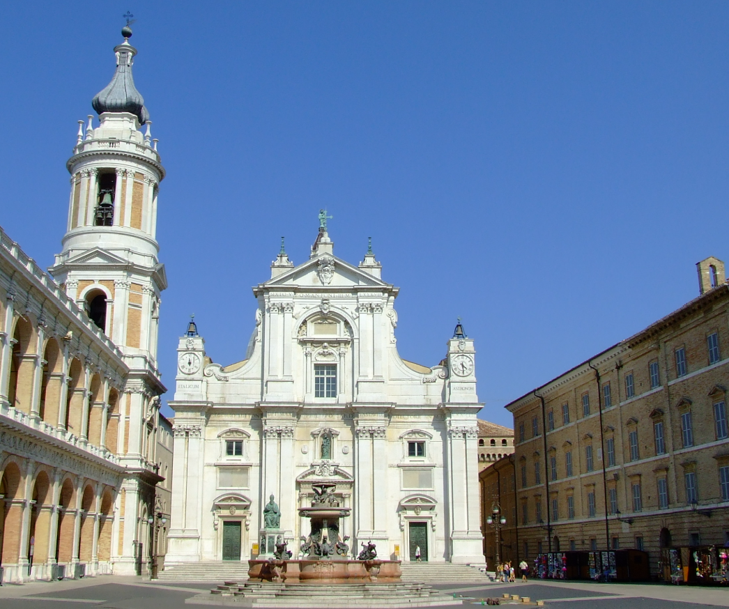 Facade and fountain of the Basilica della Santa Casa in Piazza della Madonna, Loreto, Italy