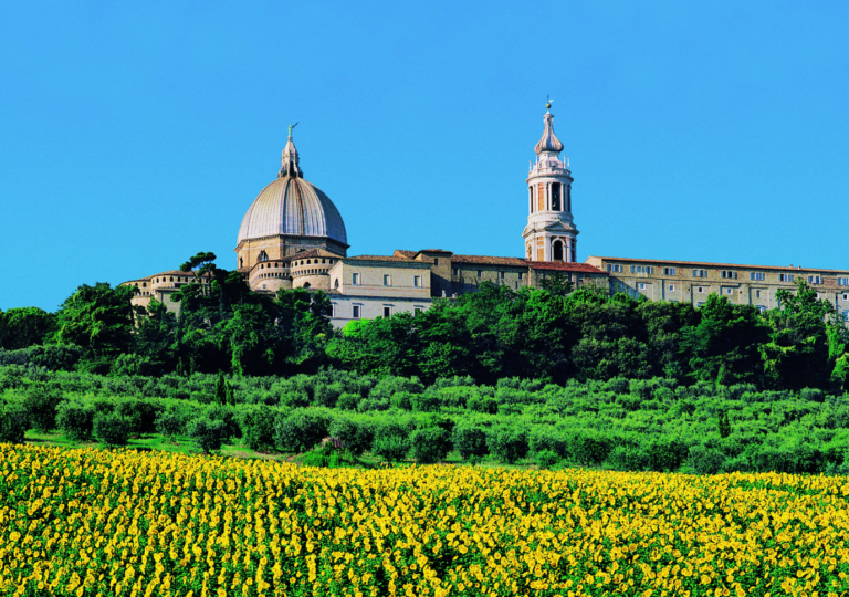 Basilica della Santa Casa di Loreto rising above sunflower fields in the Marche countryside, Italy