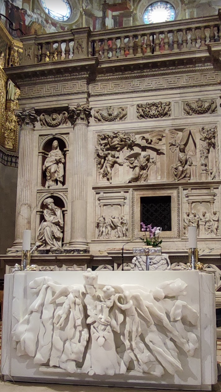 Marble altar and reliefs surrounding the Holy House inside the Basilica della Santa Casa, Loreto