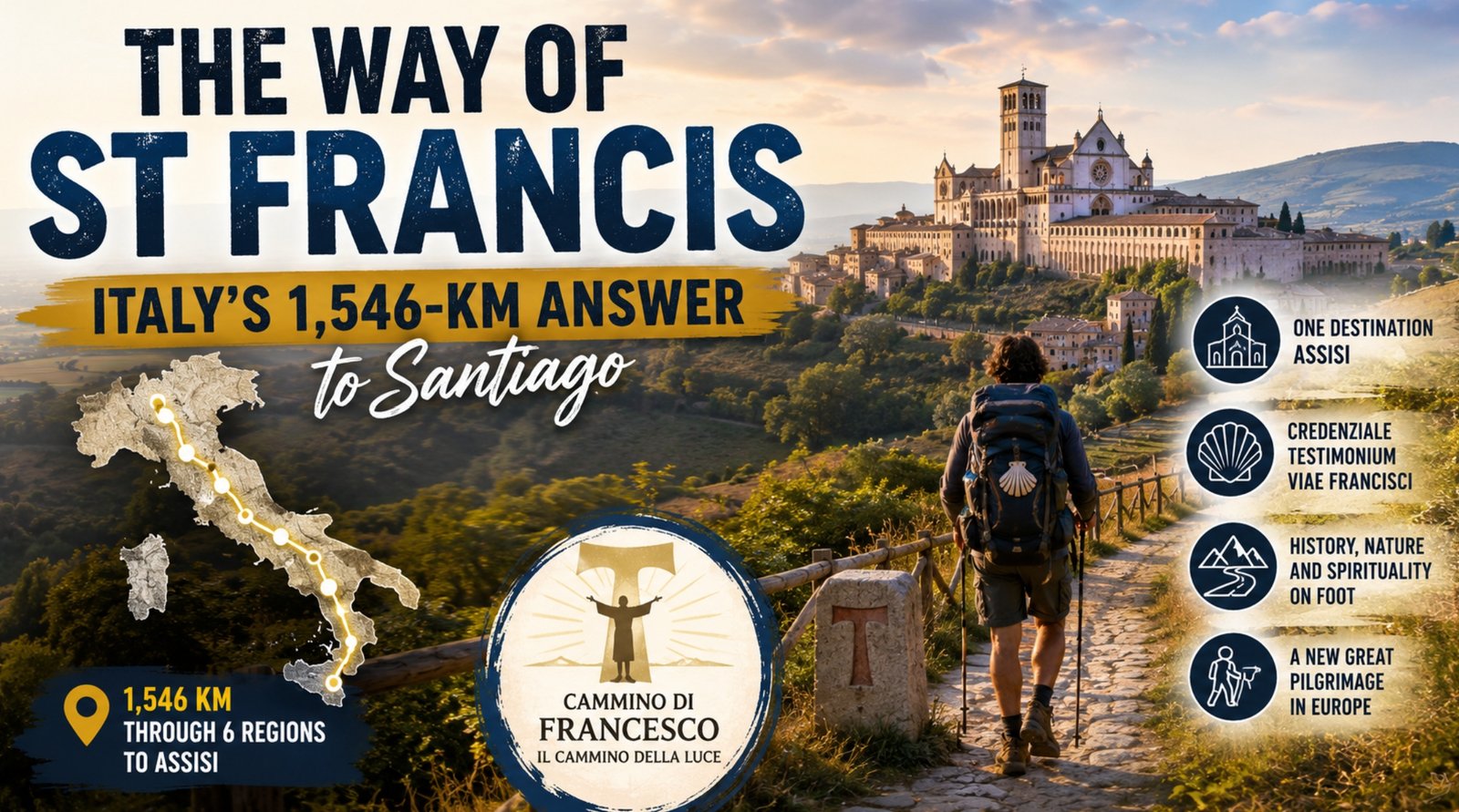 Hiker walking the Way of St Francis toward Assisi, with the Basilica of San Francesco on the ridge and the Italian pilgrim route map overlay