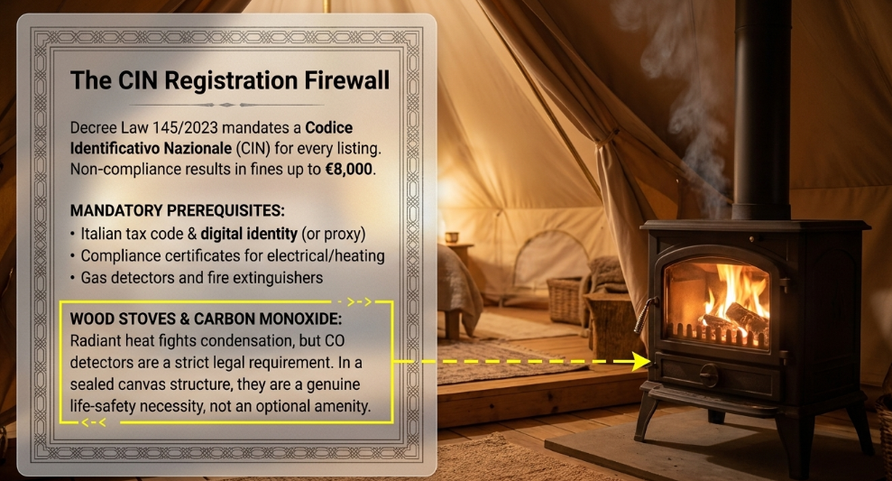 Wood-burning stove inside a canvas tent alongside a summary of Italian CIN registration requirements