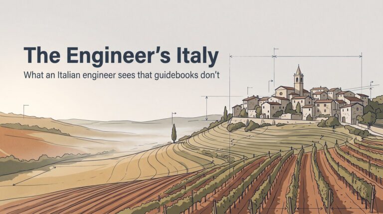 The Engineer's Italy — a hilltop town in the Marche region drawn with technical survey lines