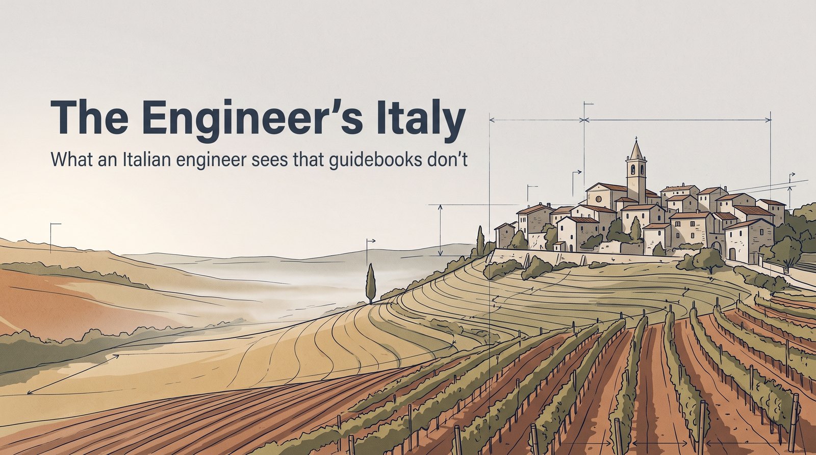 The Engineer's Italy — a hilltop town in the Marche region drawn with technical survey lines