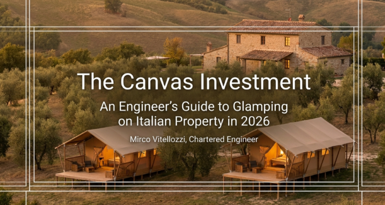 Two safari glamping tents lit at dusk beside a restored stone farmhouse in the Italian countryside