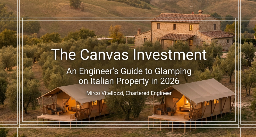Two safari glamping tents lit at dusk beside a restored stone farmhouse in the Italian countryside