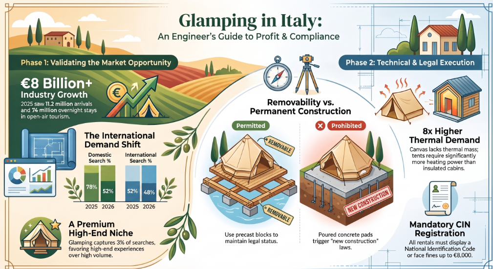 Illustrated overview of the Italian glamping market, removability rules, thermal demand and CIN registration