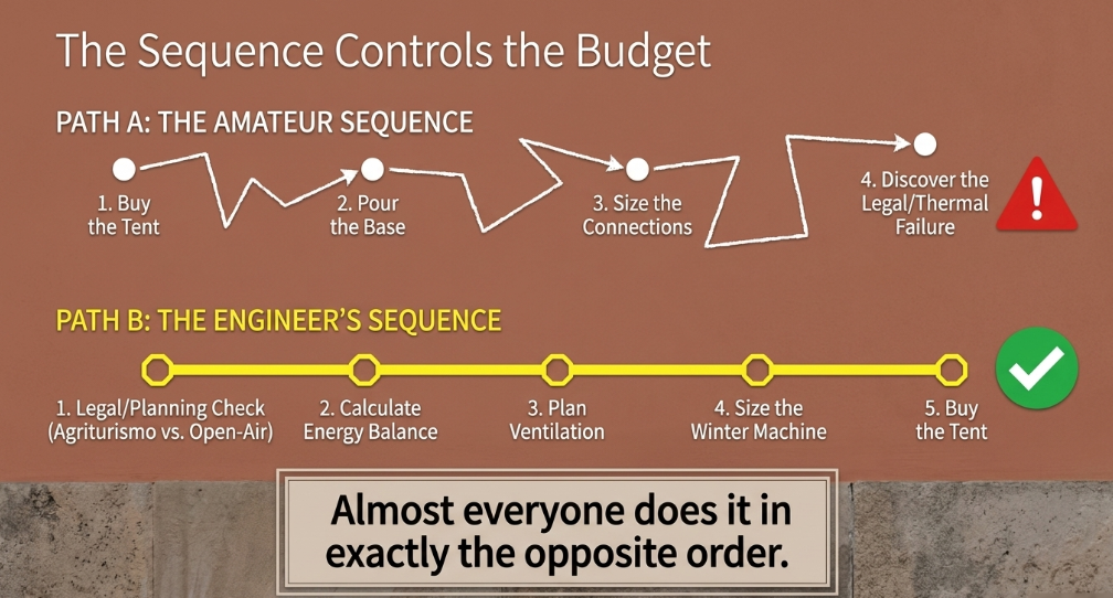 Comparison of two project sequences, one starting from buying the tent and one starting from the planning check