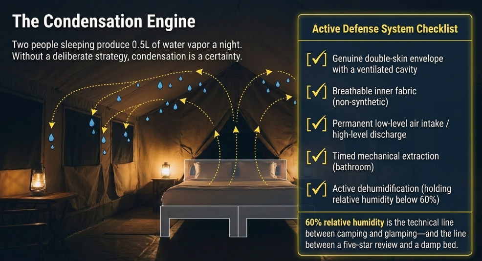 Diagram of water vapour condensing inside a canvas tent, with a checklist of humidity control measures