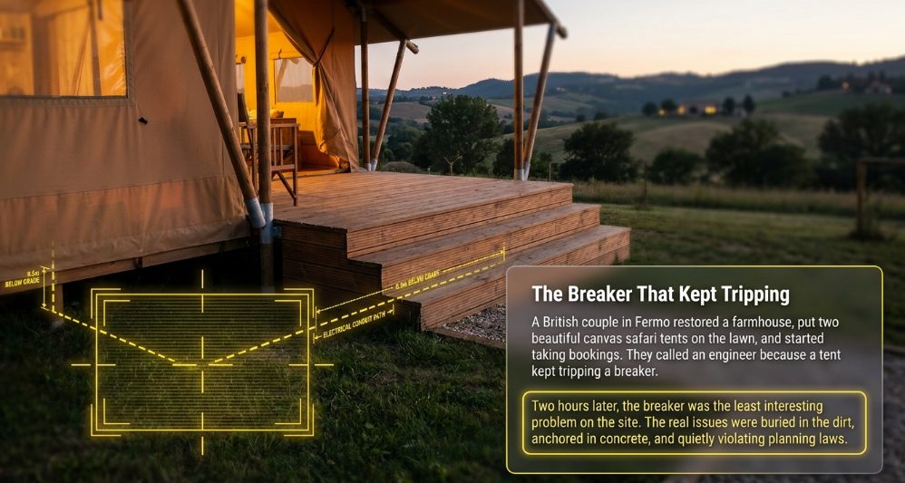 Safari tent on a timber deck in the hills near Fermo with buried electrical conduit highlighted