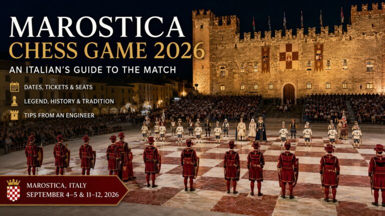 The Marostica chess game in Piazza Castello, with costumed living chess pieces on the marble board and the floodlit Lower Castle behind