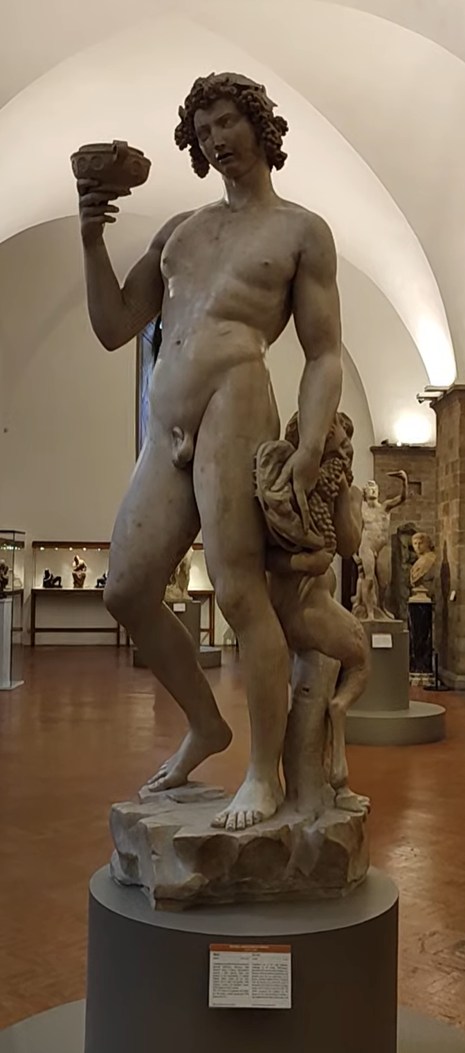 Michelangelo's early marble Bacchus, carved around 1497, in the Bargello's Michelangelo room