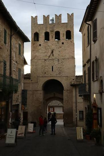 Medieval gate tower in Montefalco's town walls, seen from inside the historic center