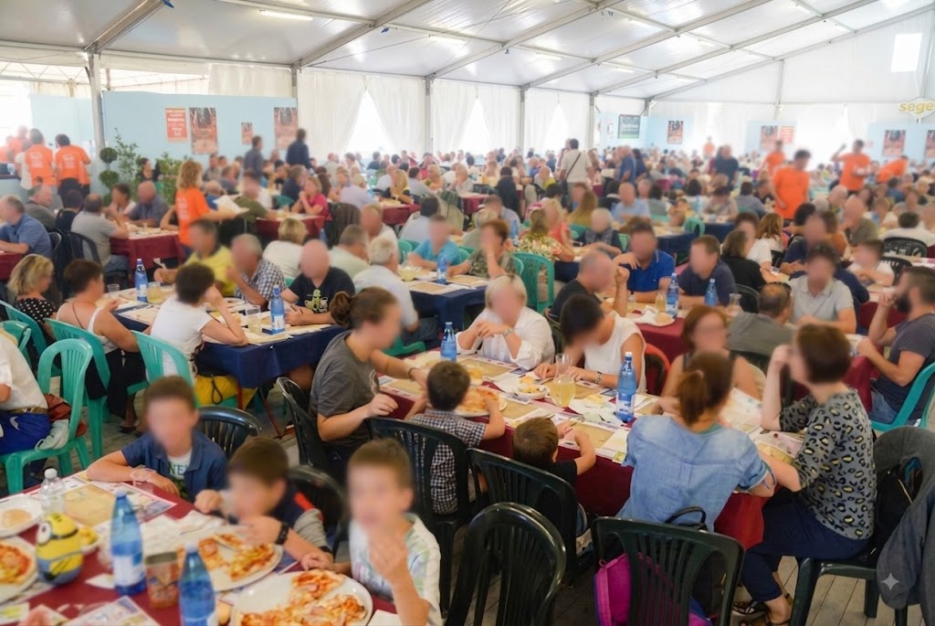 Wide view of a packed festival tent at a sagra, with families and visitors seated at long communal tables eating together