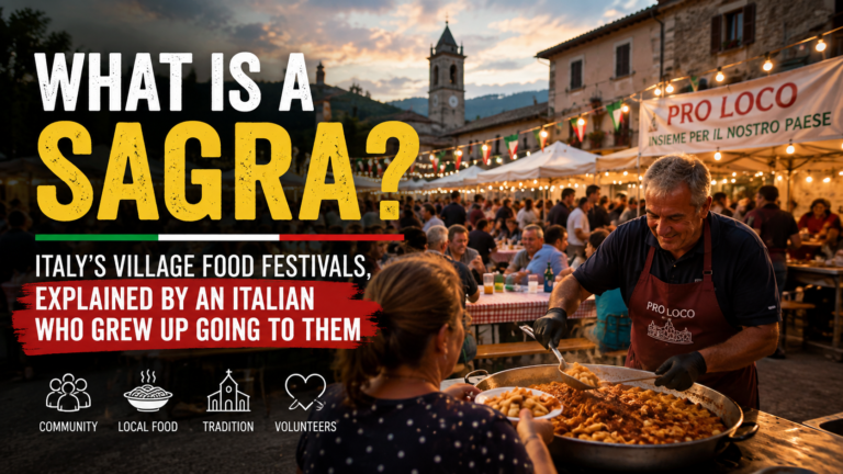Illustrated cover graphic reading 'What Is a Sagra? Italy's Village Food Festivals' over a photo of a Pro Loco volunteer serving food to a visitor at a village sagra in the evening