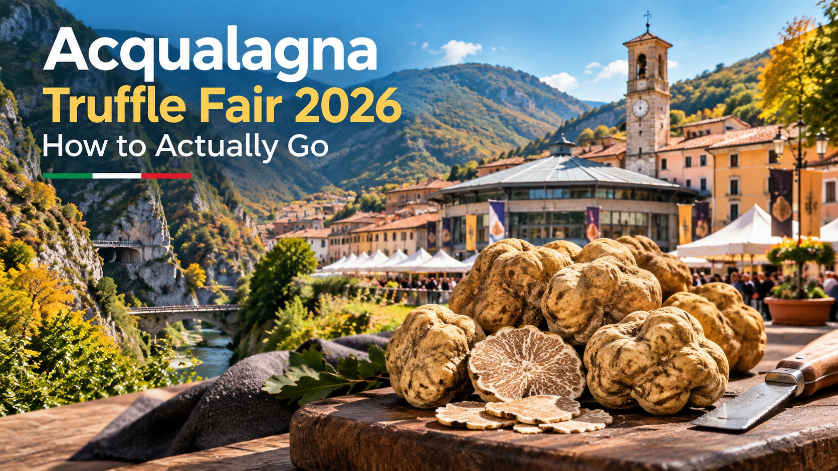 White truffles on a wooden table in Acqualagna, Italy, with the town's octagonal truffle market and the Furlo gorge in the background
