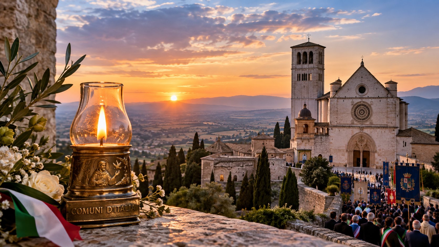 Illustration of the votive lamp of the Comuni d'Italia with the Basilica of St Francis in Assisi and a procession at sunset
