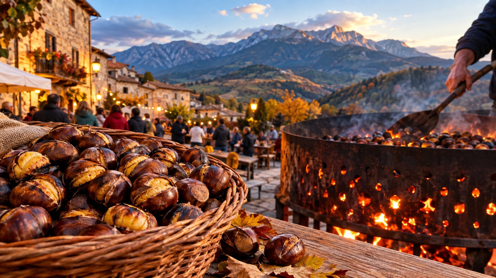 Chestnuts roasting over an open brazier at a mountain sagra in Le Marche, Italy