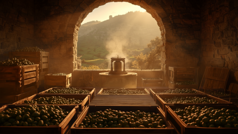 Working olive mill in Umbria during Frantoi Aperti, with crates of freshly picked olives and terraced hills visible through a stone archway