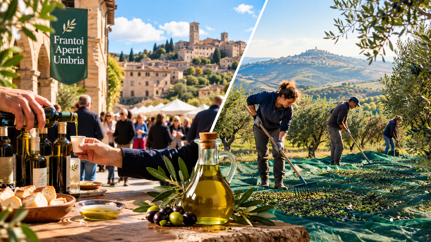 Split scene: Frantoi Aperti Umbria tasting in a hill-town square, and an olive harvest with nets and rakes in an Umbrian grove