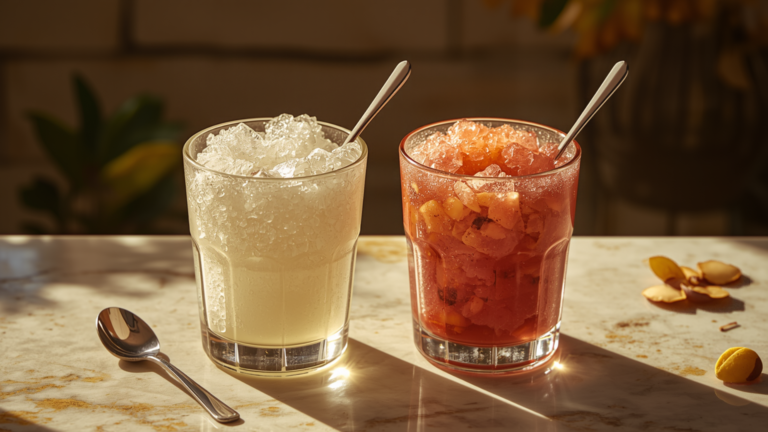 Side-by-side glasses of Sicilian lemon granita and almond cremolata on a marble counter, showing the difference in texture between the two desserts