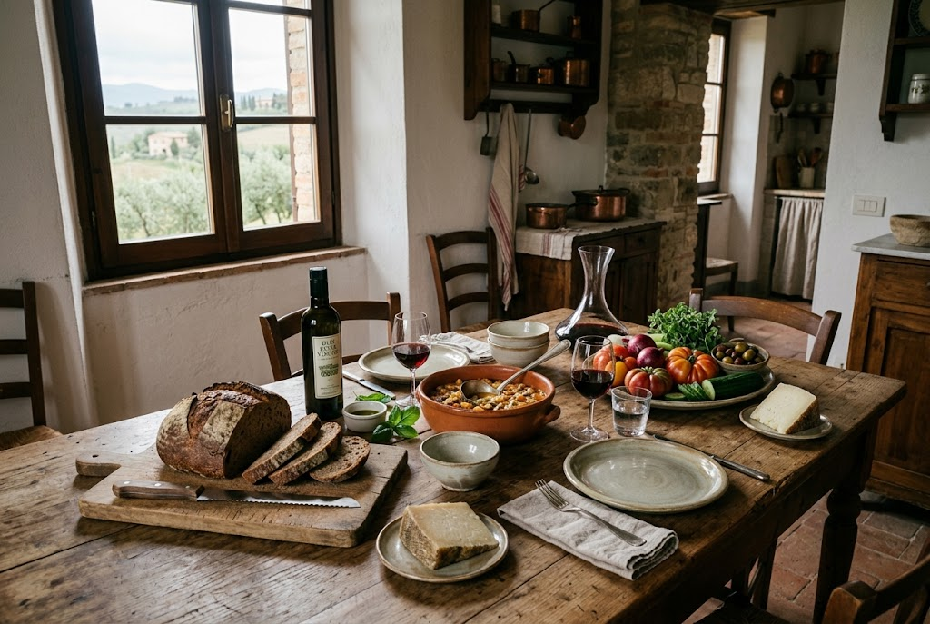 A farmhouse kitchen table set with bread, olive oil, red wine, cheese, and fresh vegetables, with olive groves visible through the window.
