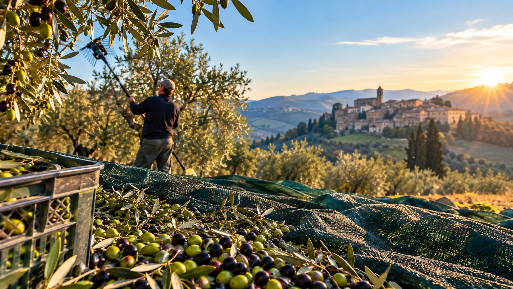 Olive harvest experience Italy: a worker combs an olive tree with a pole rake above green nets and crates of olives, with a hill town behind at sunrise