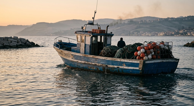 Wooden fishing boat leaving an Adriatic harbor at dawn, pescaturismo in Italy