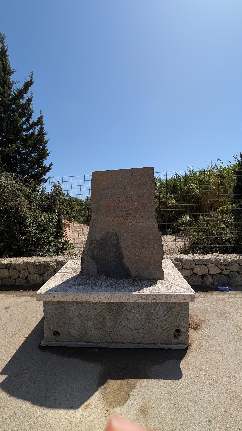 Granite monument marking Red Beach, the WWII Operation Husky landing site at Licata, Sicily