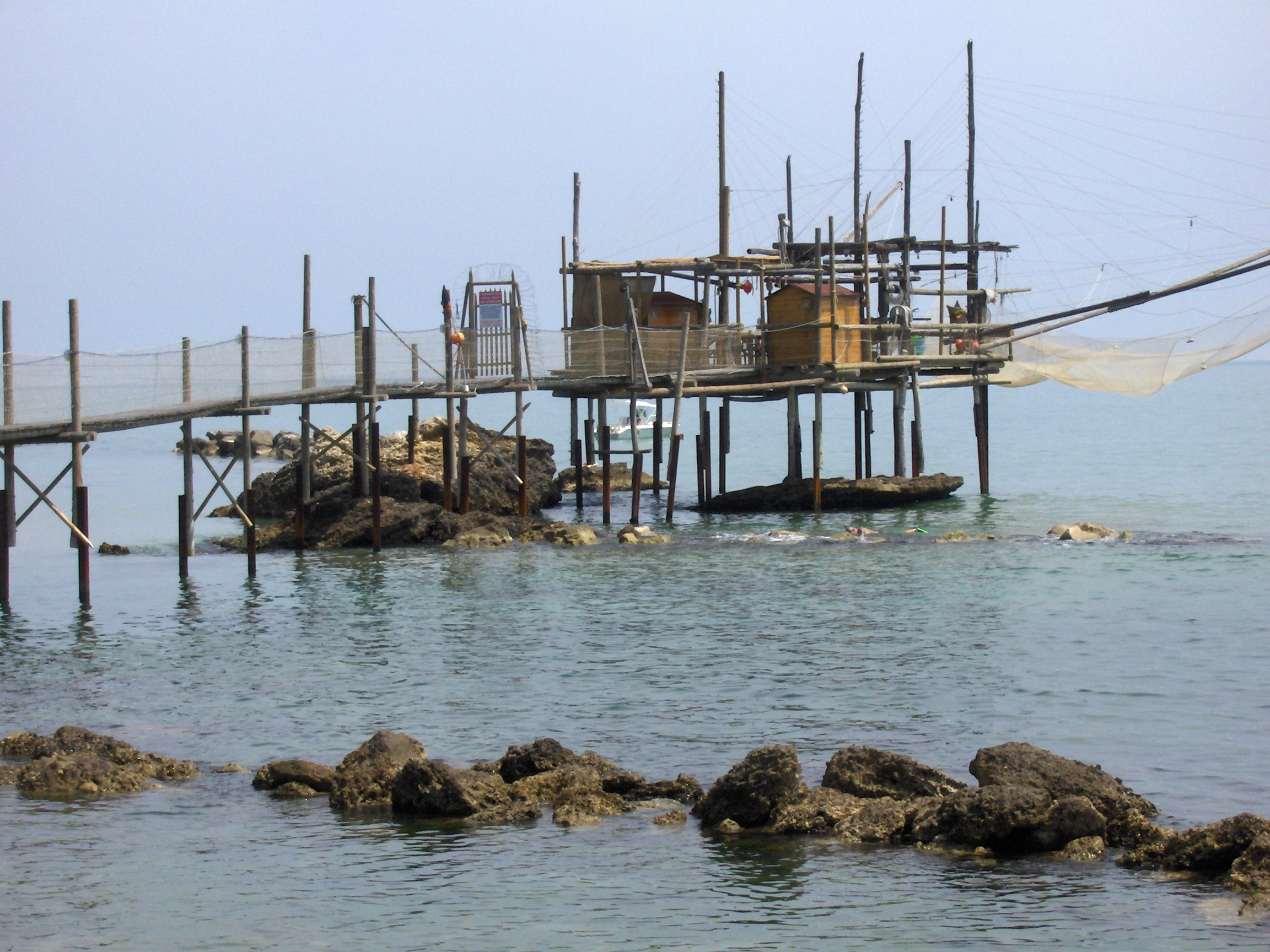 Wooden trabocco fishing platform on stilts along the Abruzzo coast