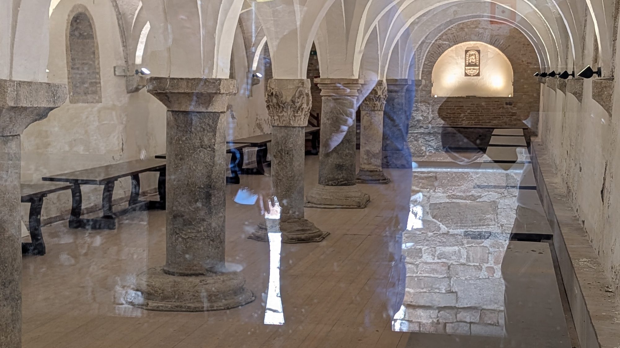 Roman columns, salvaged from Urbs Salvia, in the refectory of the lay brothers at the Abbazia di Fiastra
