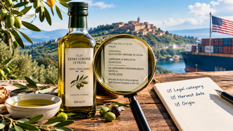A bottle of Italian extra virgin olive oil with its label examined under a magnifying glass, an American flag and a container ship in the background, and a handwritten checklist noting legal category, harvest date, and origin.