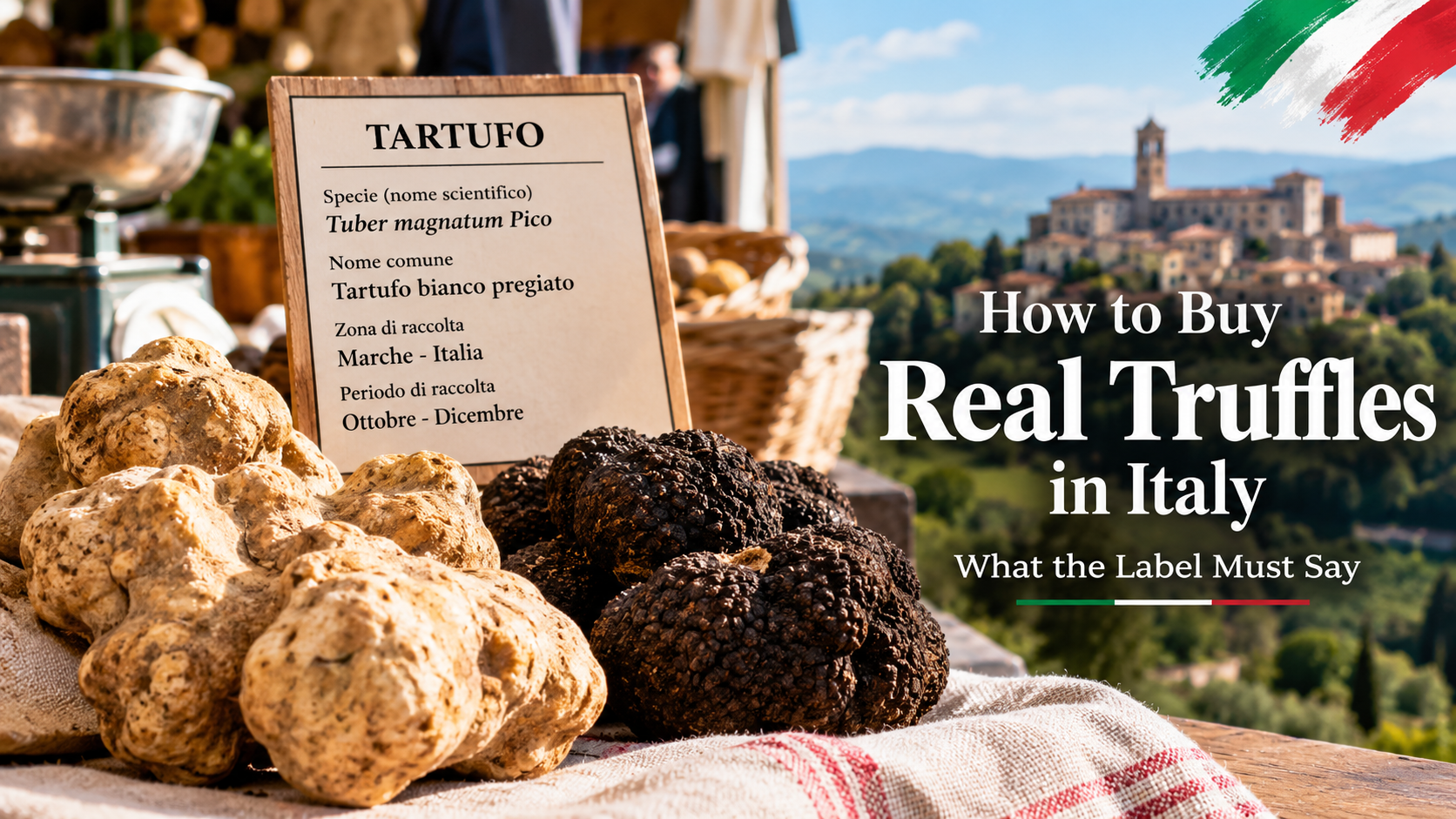 A printed card at an Italian market stall declaring Tuber magnatum Pico, Marche harvest zone, and October to December season, beside white and black fresh truffles, with an Italian hill town in the background