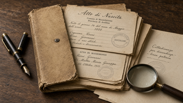 Folder of yellowed Italian civil registry documents representing Italian citizenship by descent 2026 research