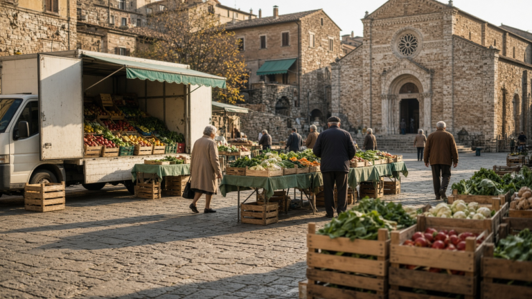 Monday morning market in a Le Marche hill town, with a fruit truck, stalls, and the town's Romanesque church in the background