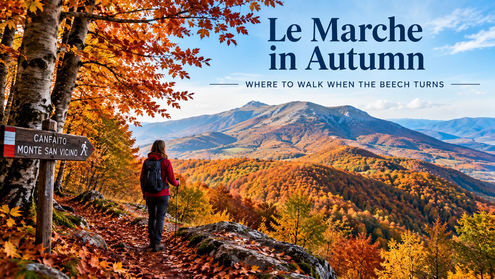 Hiker on a trail marked Canfaito and Monte San Vicino, looking over autumn woods in Le Marche in autumn