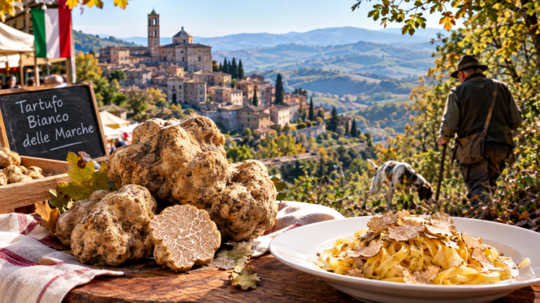 Marche truffle fairs market stalls in a medieval hill town square