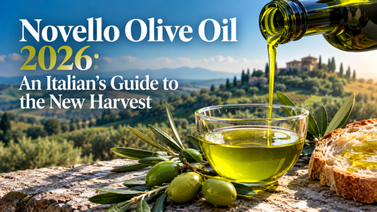 Fresh novello olive oil poured into a bowl beside green olives and grilled bread, with the Tuscan hills behind