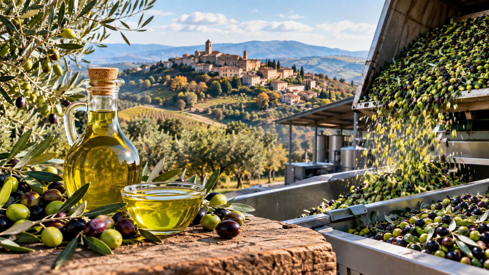 Fresh-pressed extra virgin olive oil and newly picked olives at a Le Marche frantoio during harvest season, hill town in the background
