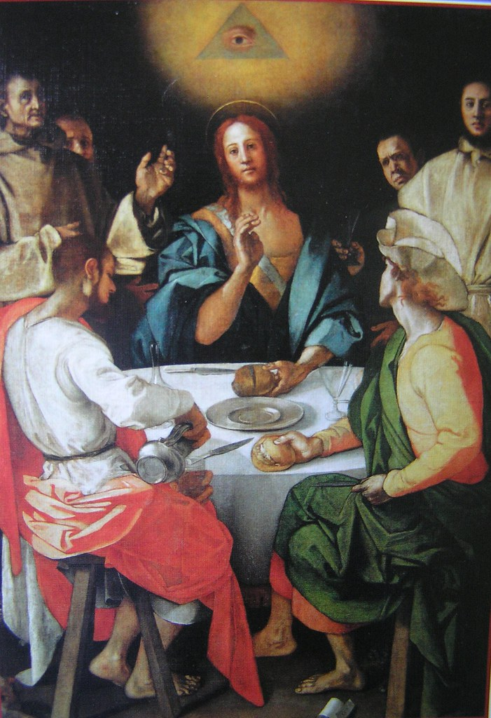 A seated gathering around a table, in the spirit of the devotional cartoons Michelangelo entrusted to Pontormo, such as the Noli me tangere.
