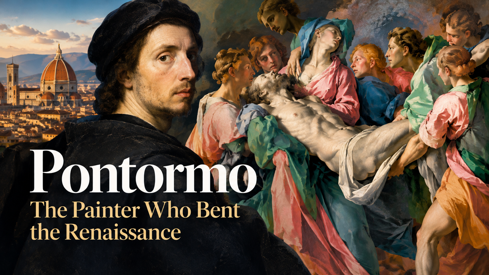 Pontormo: The Painter Who Bent the Renaissance — cover image blending Florence's skyline with his portraits and the Deposition.