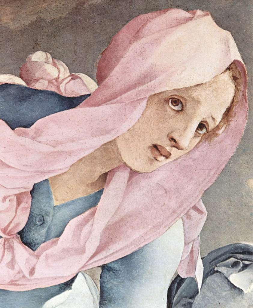 Detail of a veiled female figure, echoing the rose-pink and sea-green palette of Pontormo's Deposition.