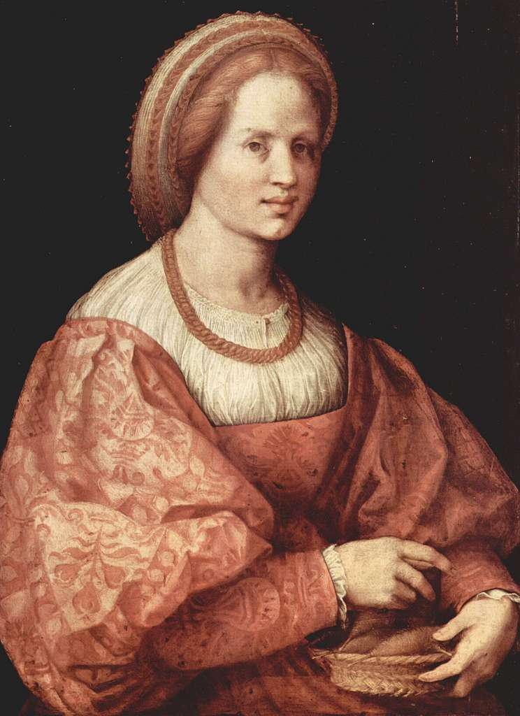 A figure in rose and orange drapery, recalling the shifting robe colors of Pontormo's Visitation in Carmignano.