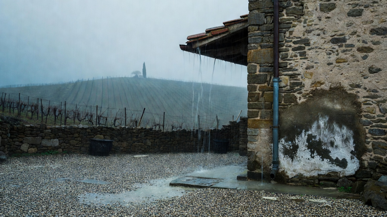 Rain running off the roof of a stone farmhouse in Le Marche during an autumn house viewing in Italy.